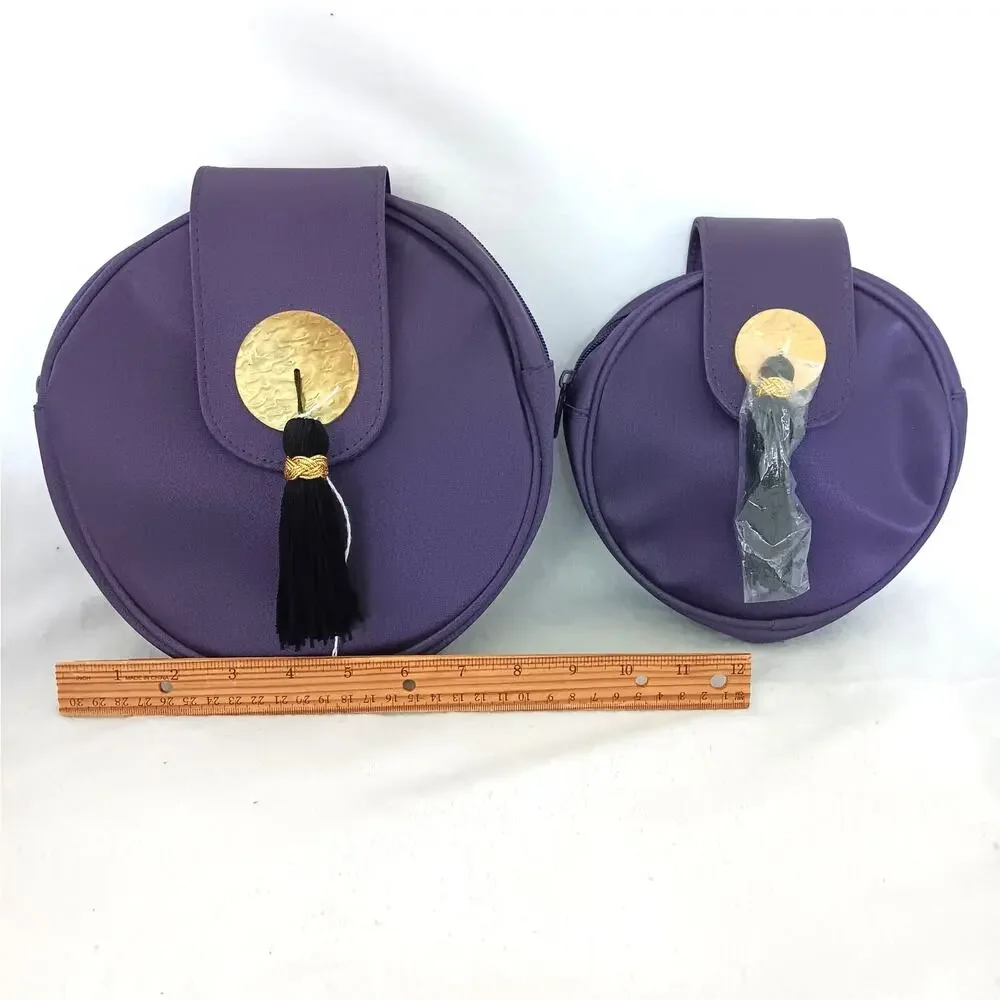 YSL Purple Gold Tassel Cosmetic Bag Travel Small Medium Circle Zip Top Lot of 2